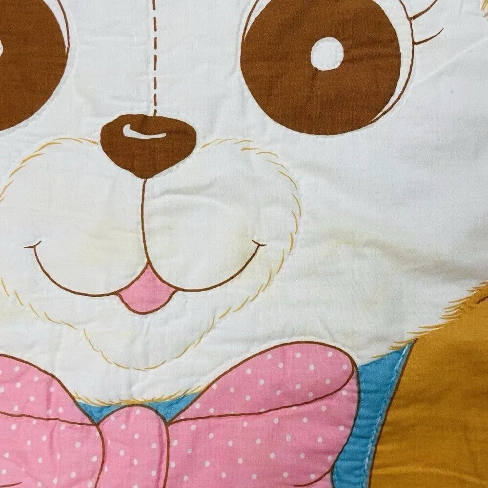 Vintage Quilted Teddy Bear Lace Trim Blanket 46 x 35 Nursery Baby Cute Kawaii -